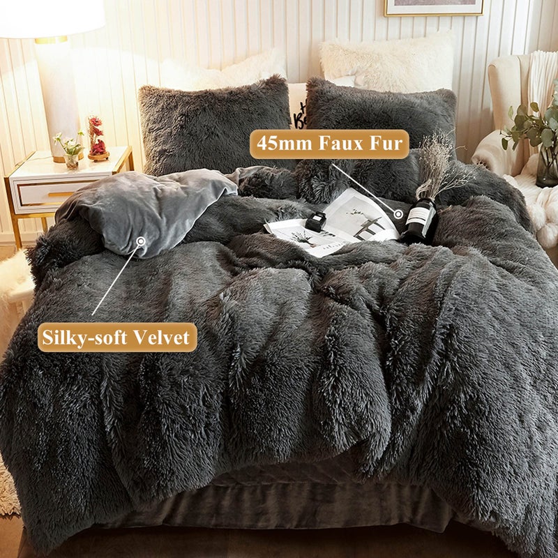 XeGe Plush Shaggy Duvet Cover Luxury Ultra Soft Crystal Velvet Bedding 1PC(1 Faux Fur Duvet Cover),Zipper Closure (Queen, Dark Gray) - Image 2